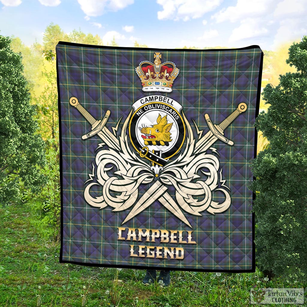 Tartan Vibes Clothing Campbell Argyll Modern Tartan Quilt with Clan Crest and the Golden Sword of Courageous Legacy