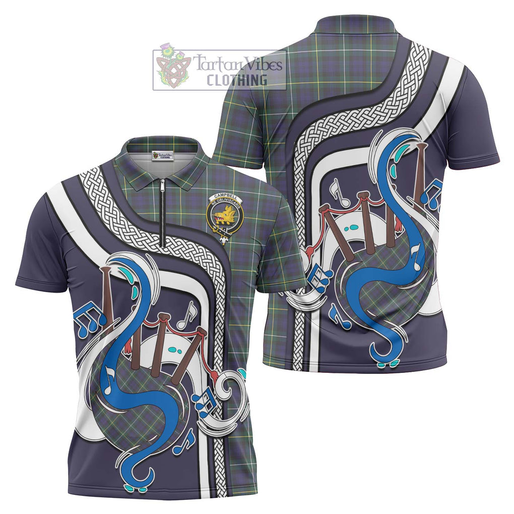 Campbell Argyll Modern Tartan Zipper Polo Shirt with Epic Bagpipe Style Unisex - Tartanvibesclothing Shop