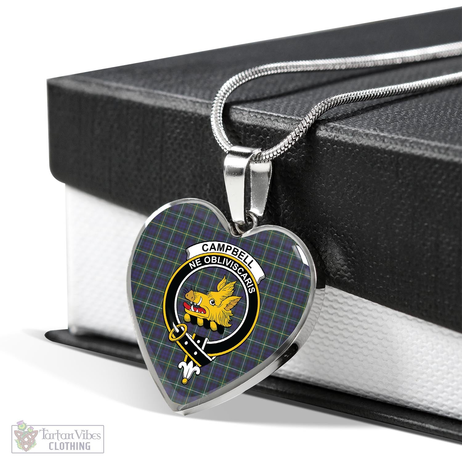 Tartan Vibes Clothing Campbell Argyll Modern Tartan Heart Necklace with Family Crest