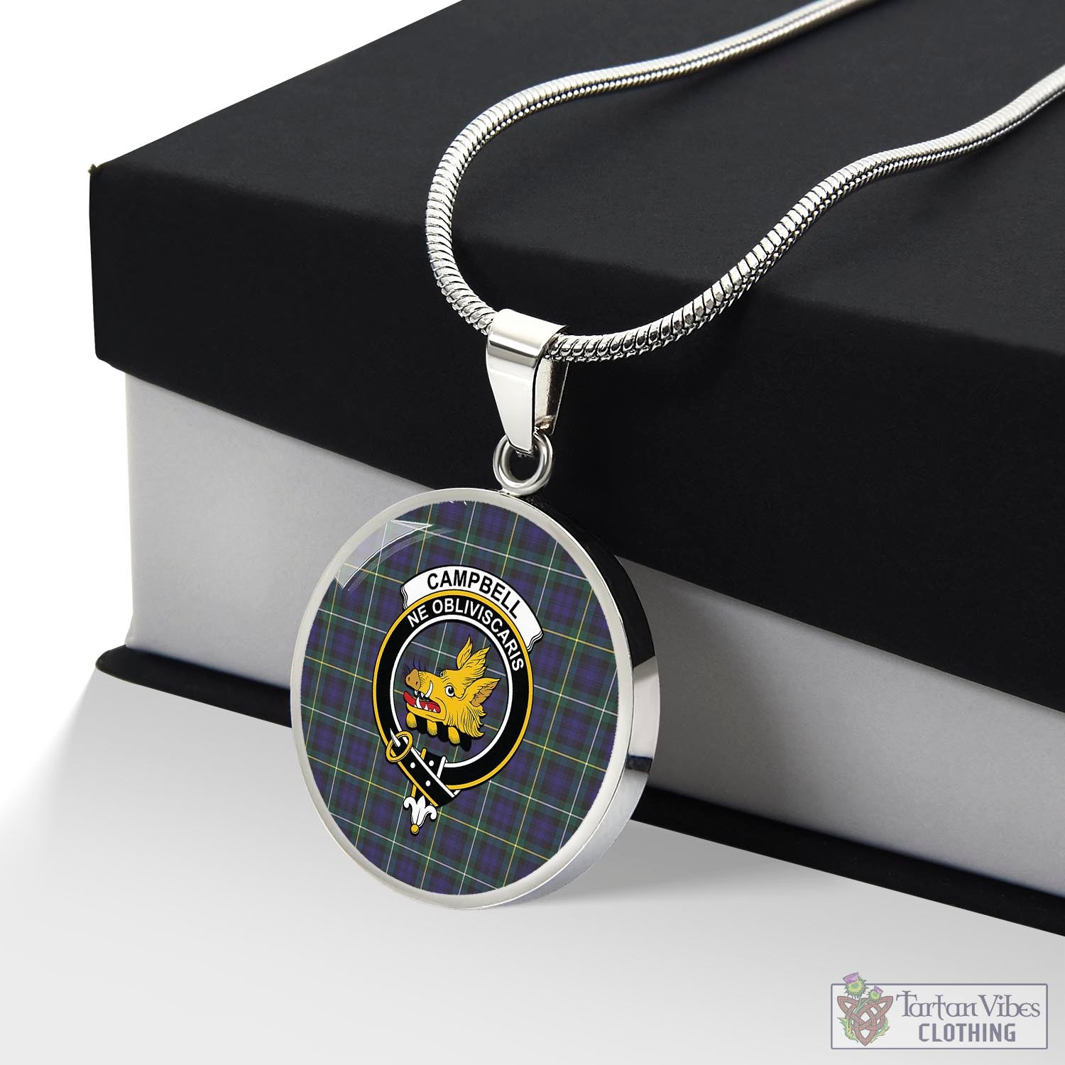 Tartan Vibes Clothing Campbell Argyll Modern Tartan Circle Necklace with Family Crest