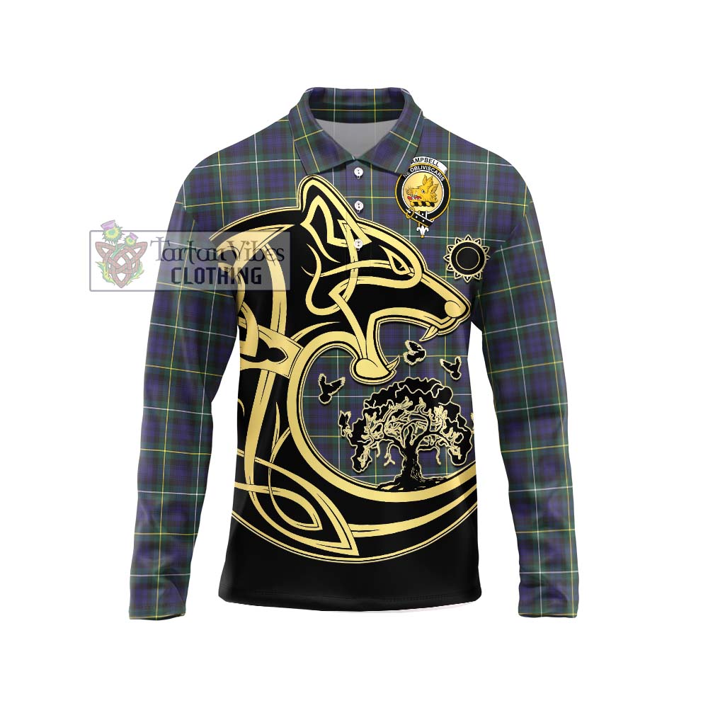 Campbell Argyll Modern Tartan Long Sleeve Polo Shirt with Family Crest Celtic Wolf Style Unisex - Tartanvibesclothing Shop