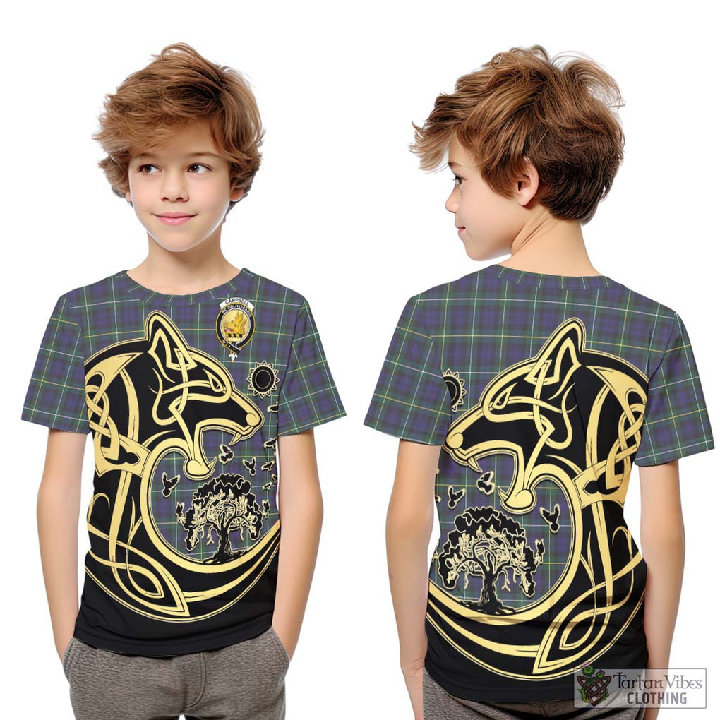 Campbell Argyll Modern Tartan Kid T-Shirt with Family Crest Celtic Wolf Style Youth XL Size14 - Tartan Vibes Clothing