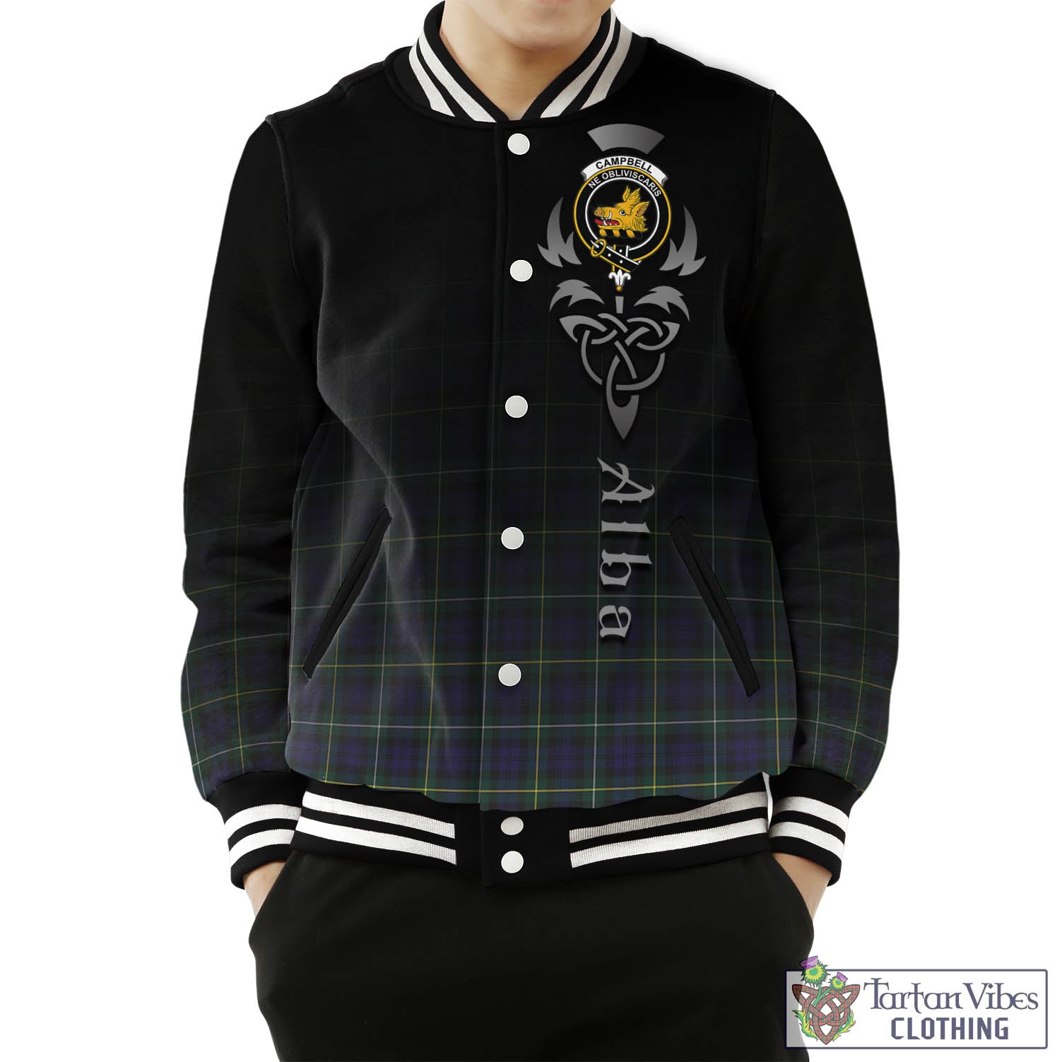 Tartan Vibes Clothing Campbell Argyll Modern Tartan Baseball Jacket Featuring Alba Gu Brath Family Crest Celtic Inspired