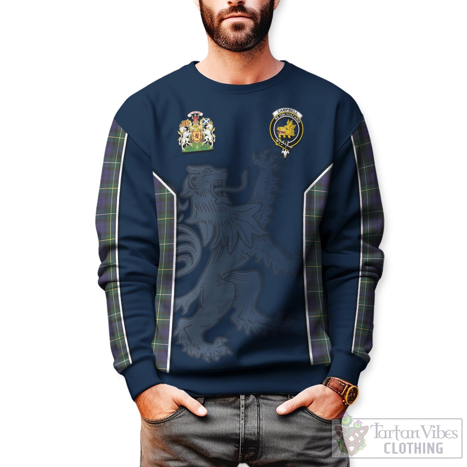 Tartan Vibes Clothing Campbell Argyll Modern Tartan Sweater with Family Crest and Lion Rampant Vibes Sport Style