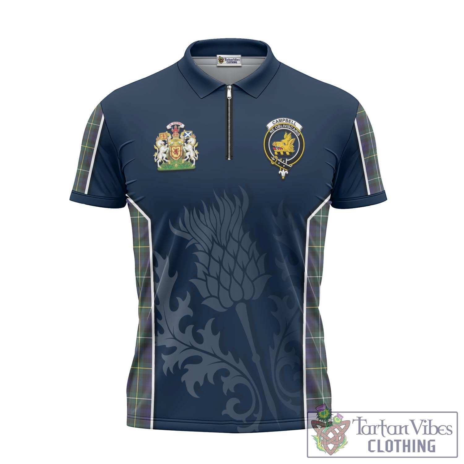 Tartan Vibes Clothing Campbell Argyll Modern Tartan Zipper Polo Shirt with Family Crest and Scottish Thistle Vibes Sport Style