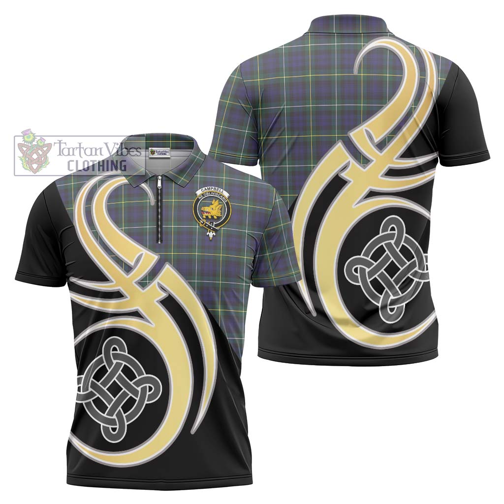 Tartan Vibes Clothing Campbell Argyll Modern Tartan Zipper Polo Shirt with Family Crest and Celtic Symbol Style