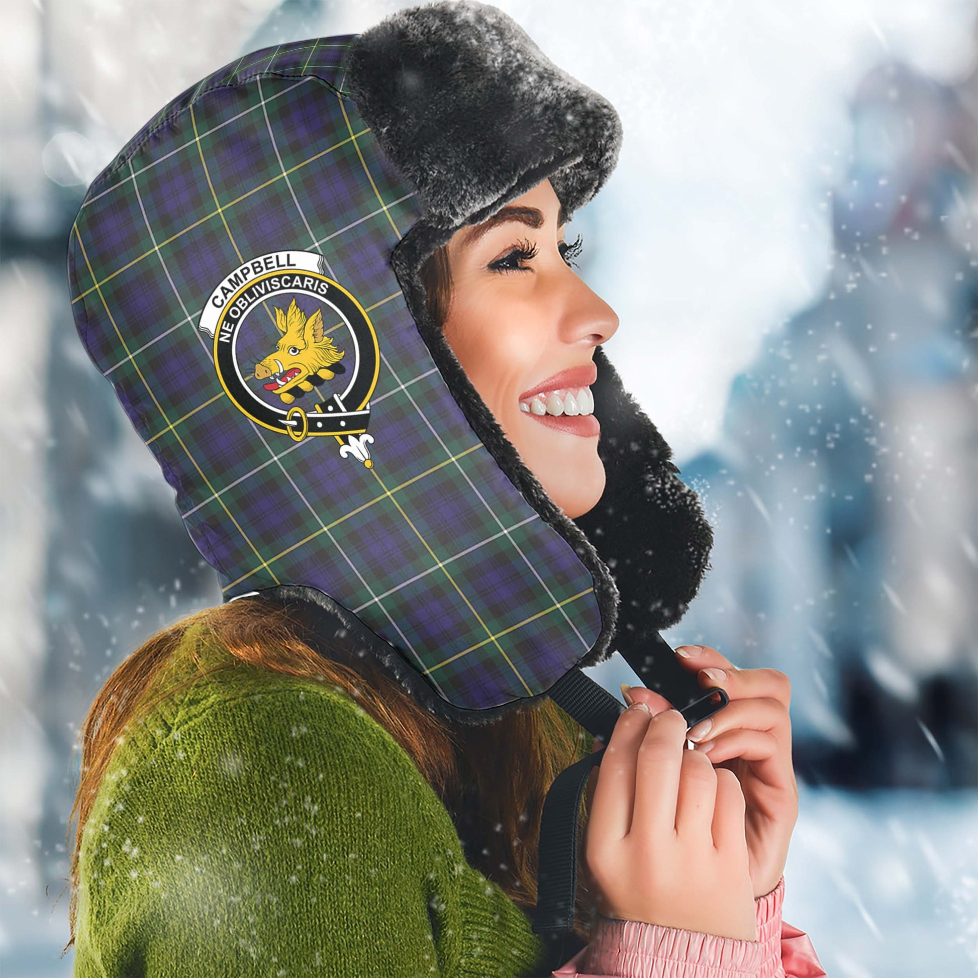 Campbell Argyll Modern Tartan Winter Trapper Hat with Family Crest Winter Trapper Hat Universal Fit Circumference 22.8in (58cm) - Tartanvibesclothing