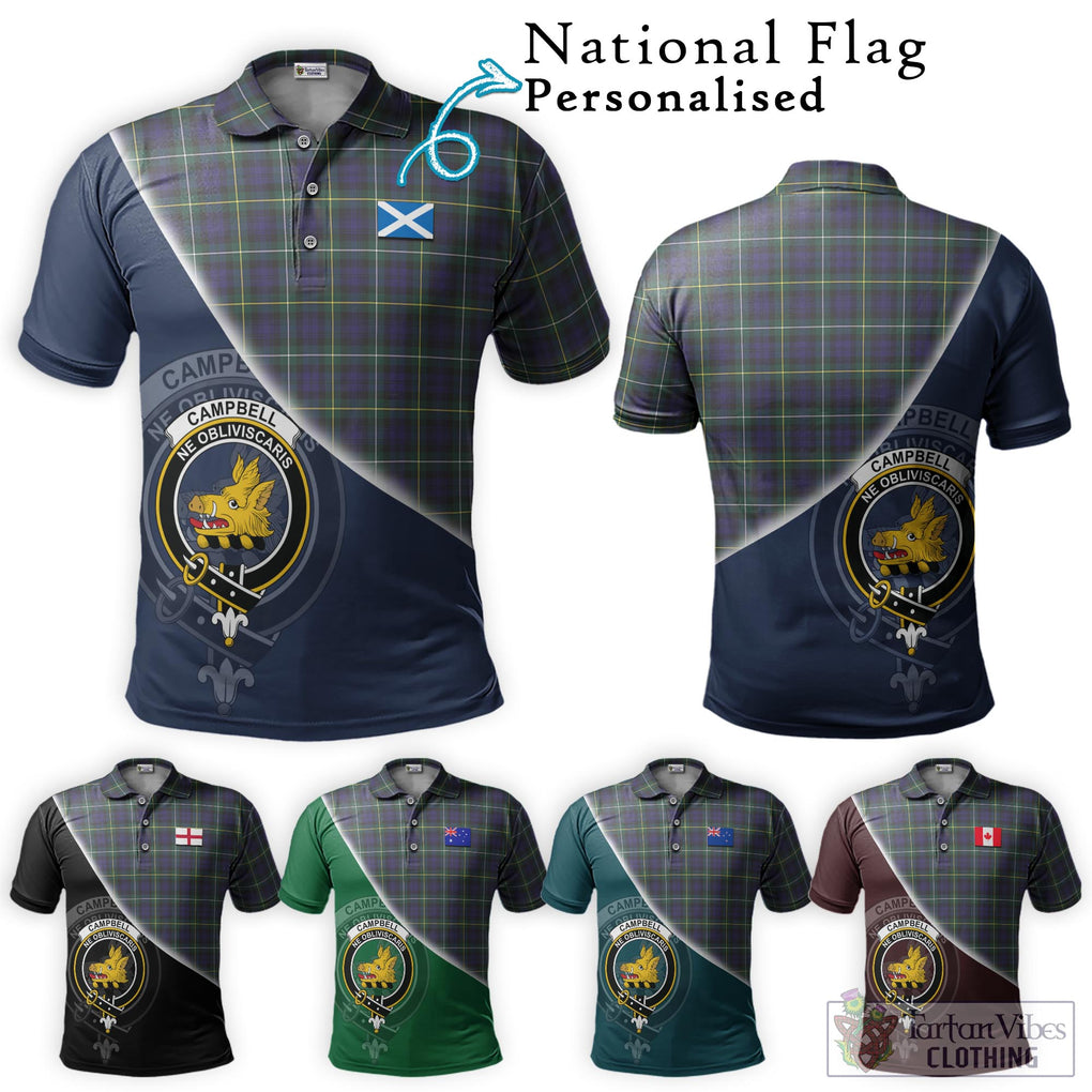 Campbell Argyll Modern Tartan Polo Shirt with Personalised National Flag and Family Crest Half Style Maroon - Tartanvibesclothing Shop