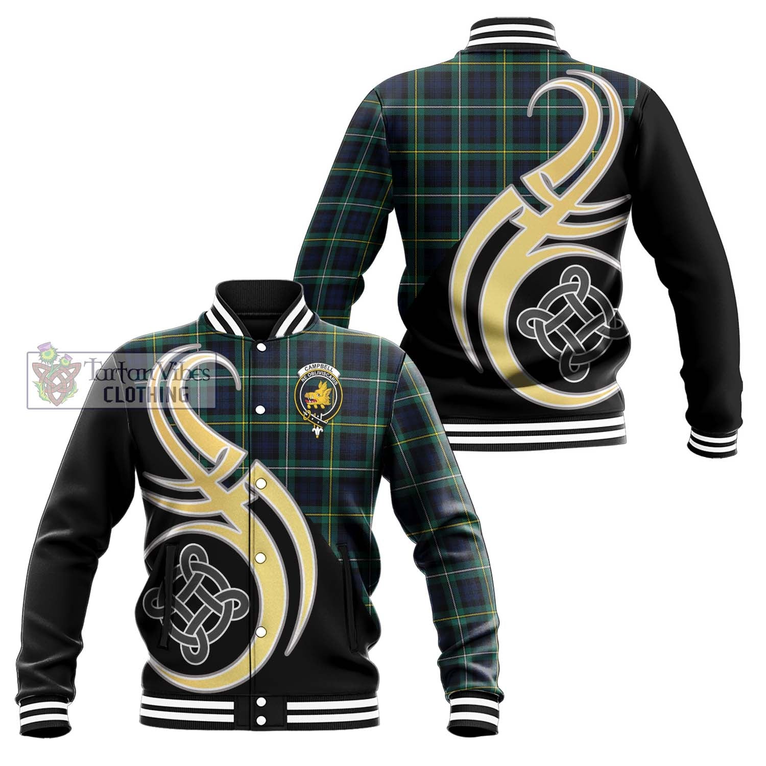 Tartan Vibes Clothing Campbell Argyll Modern #2 Tartan Baseball Jacket with Family Crest and Celtic Symbol Style