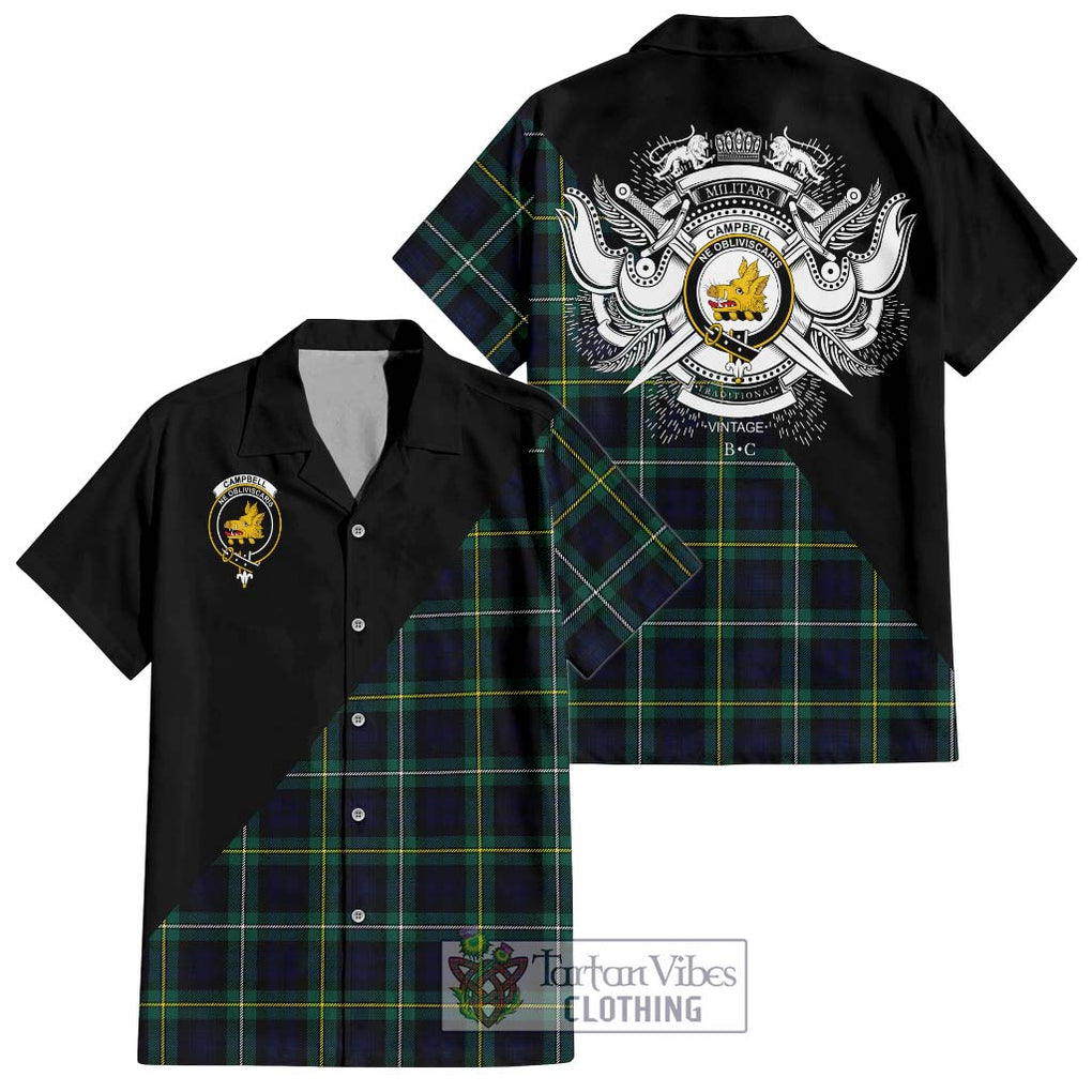 Tartan Vibes Clothing Campbell Argyll Modern #2 Tartan Short Sleeve Button Shirt with Family Crest and Military Logo Style