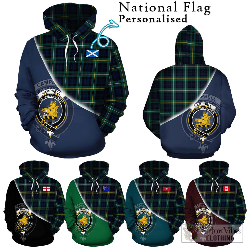 Tartan Vibes Clothing Campbell Argyll Modern #2 Tartan Hoodie with Personalised National Flag and Family Crest Half Style