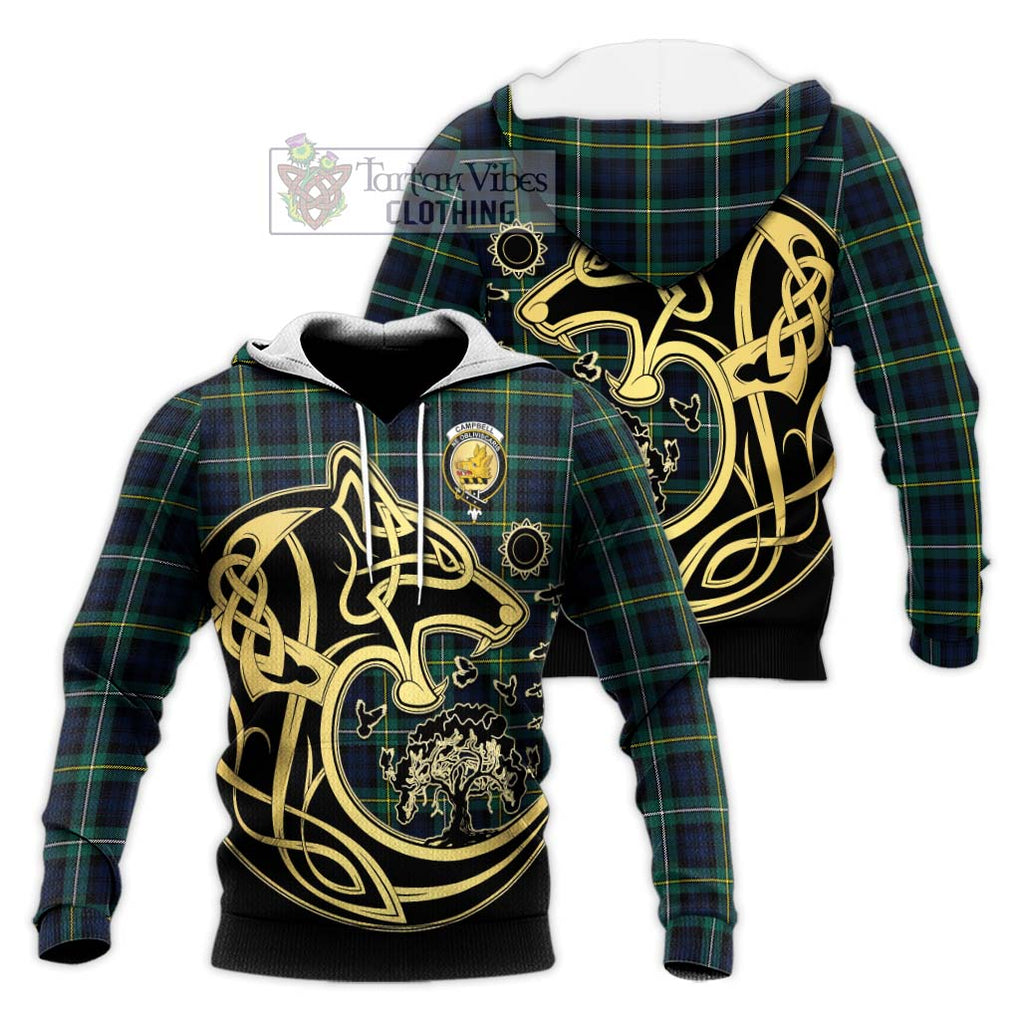 Tartan Vibes Clothing Campbell Argyll Modern #2 Tartan Knitted Hoodie with Family Crest Celtic Wolf Style