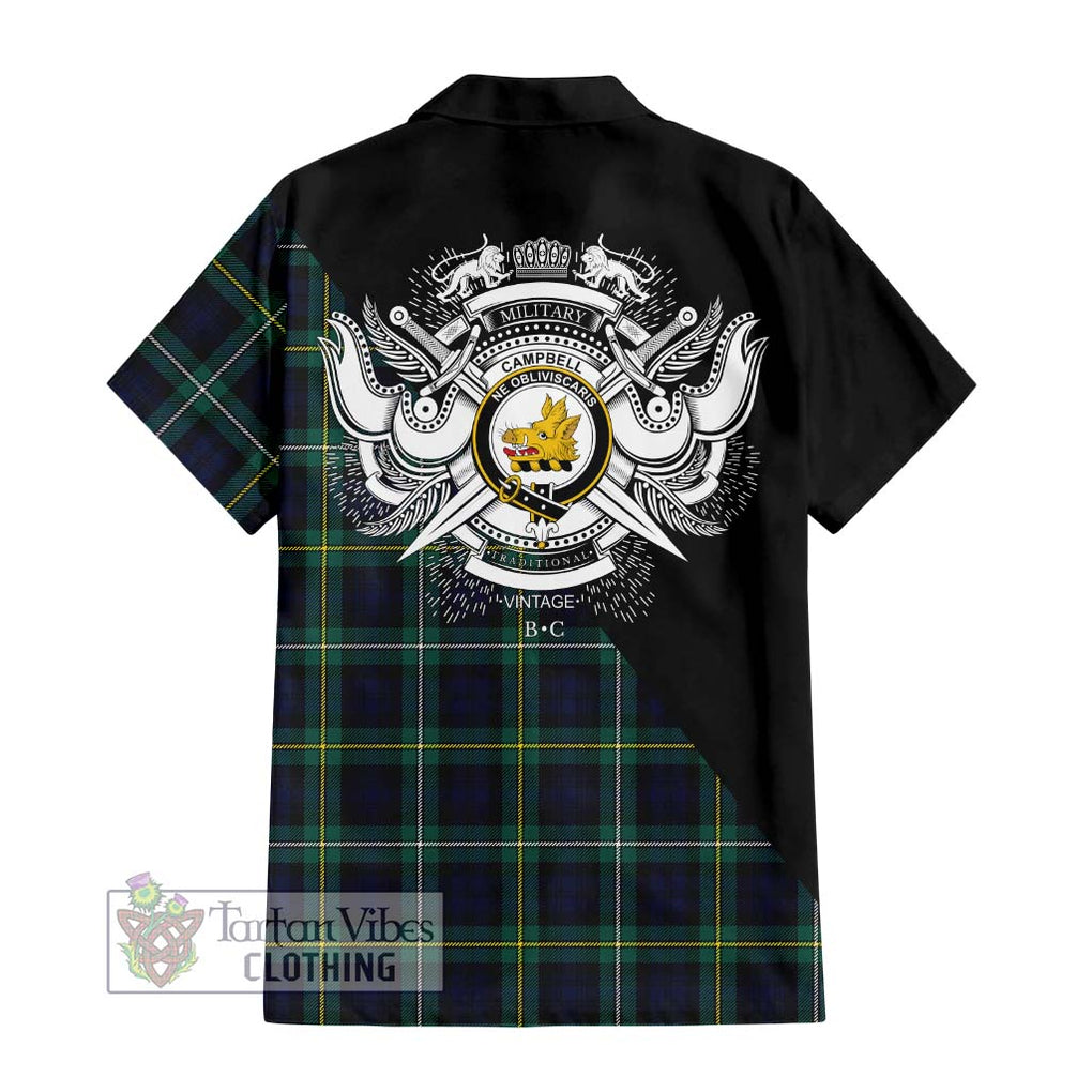 Tartan Vibes Clothing Campbell Argyll Modern #2 Tartan Short Sleeve Button Shirt with Family Crest and Military Logo Style