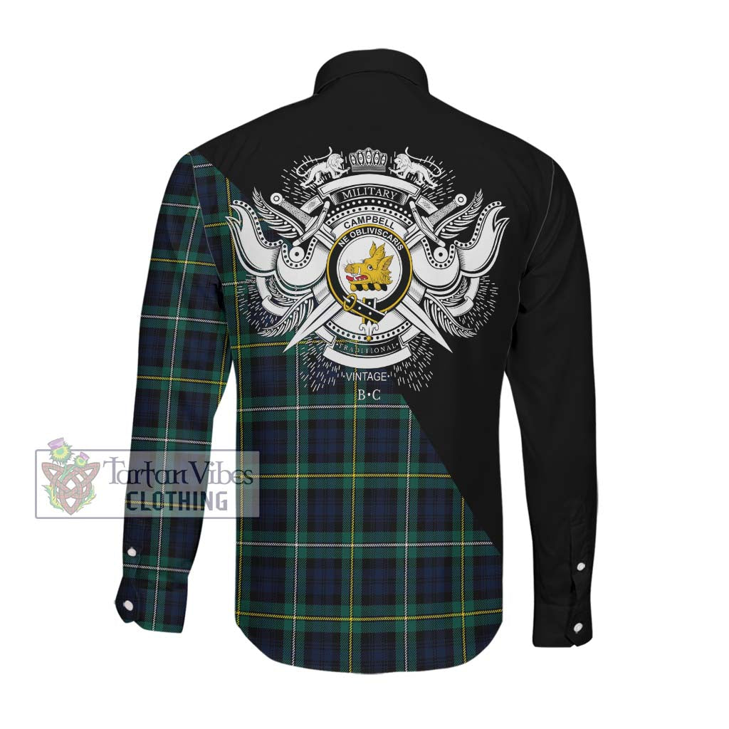 Tartan Vibes Clothing Campbell Argyll Modern #2 Tartan Long Sleeve Button Shirt with Family Crest and Military Logo Style