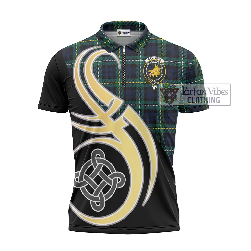 Tartan Vibes Clothing Campbell Argyll Modern #2 Tartan Zipper Polo Shirt with Family Crest and Celtic Symbol Style