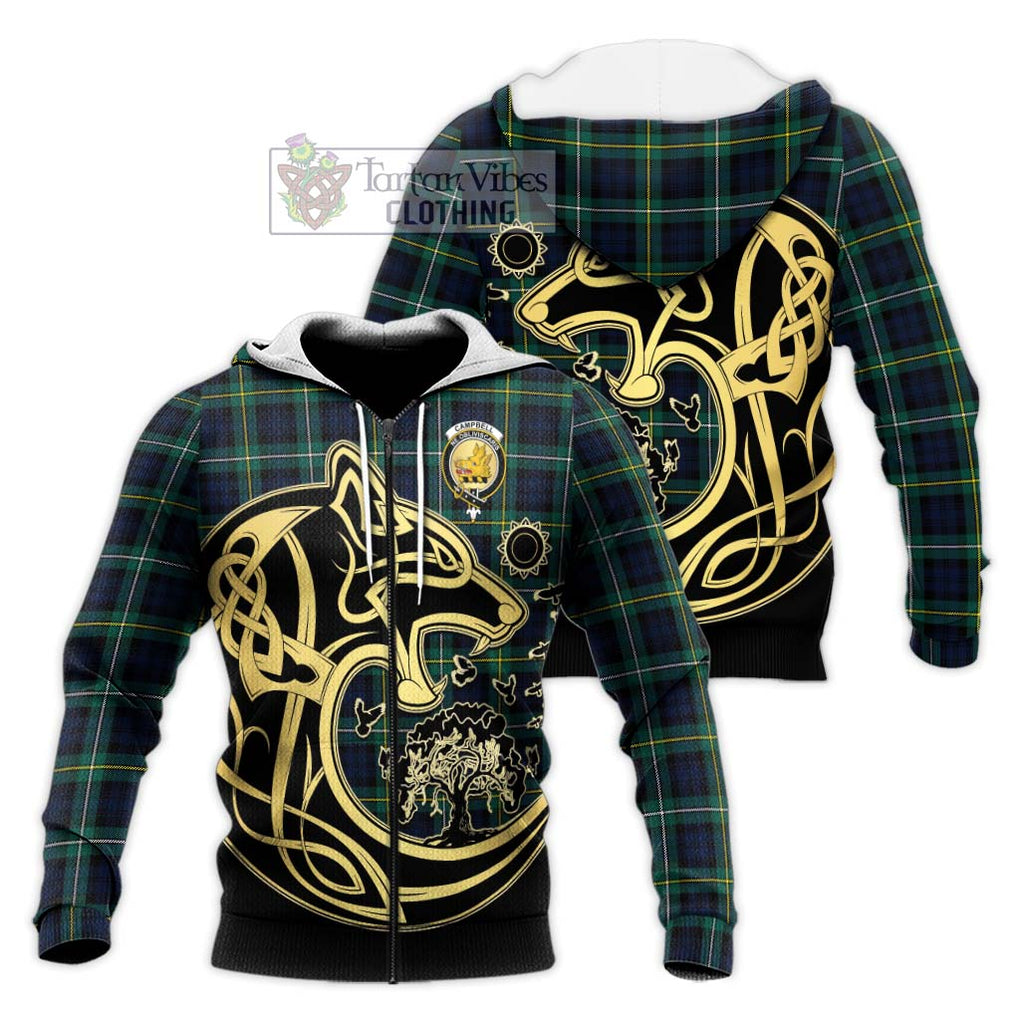 Tartan Vibes Clothing Campbell Argyll Modern #2 Tartan Knitted Hoodie with Family Crest Celtic Wolf Style