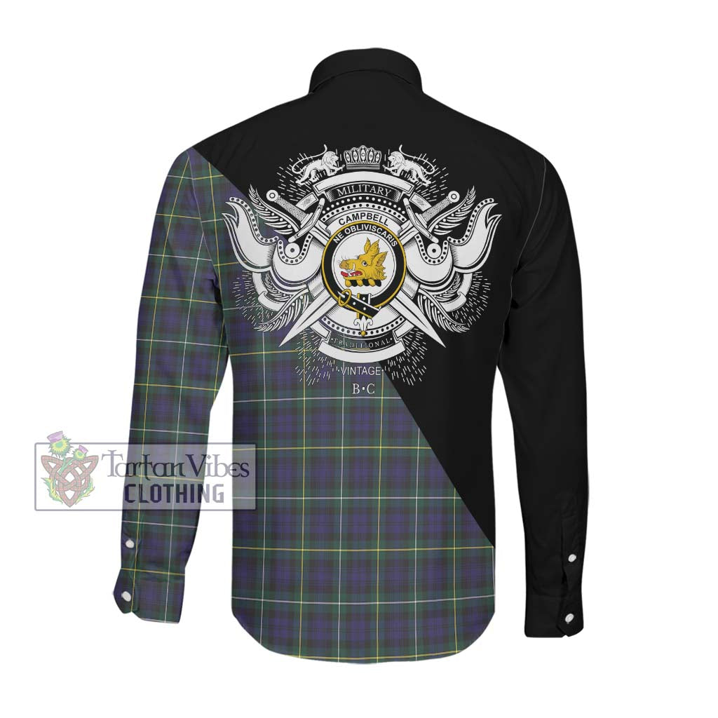 Tartan Vibes Clothing Campbell Argyll Modern Tartan Long Sleeve Button Shirt with Family Crest and Military Logo Style