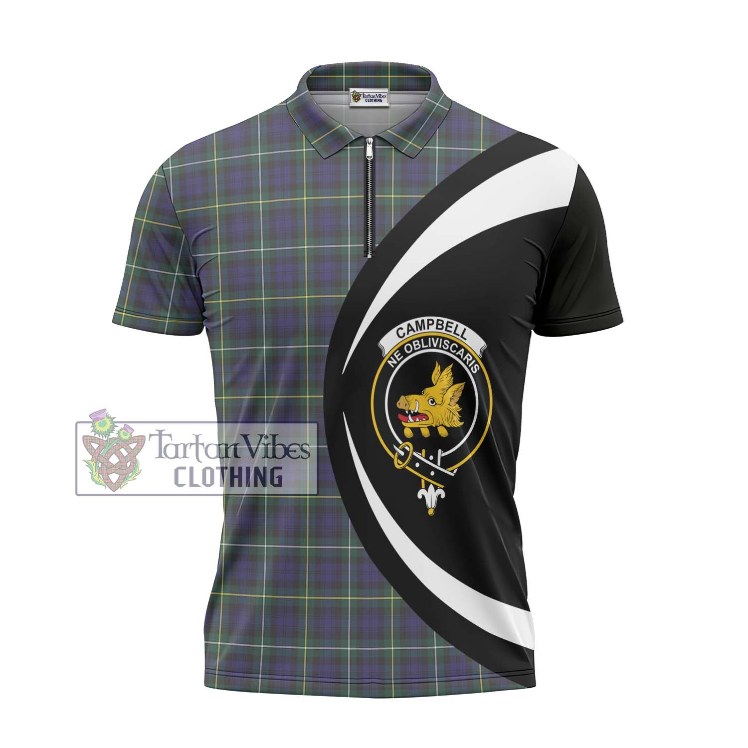 Tartan Vibes Clothing Campbell Argyll Modern Tartan Zipper Polo Shirt with Family Crest Circle Style