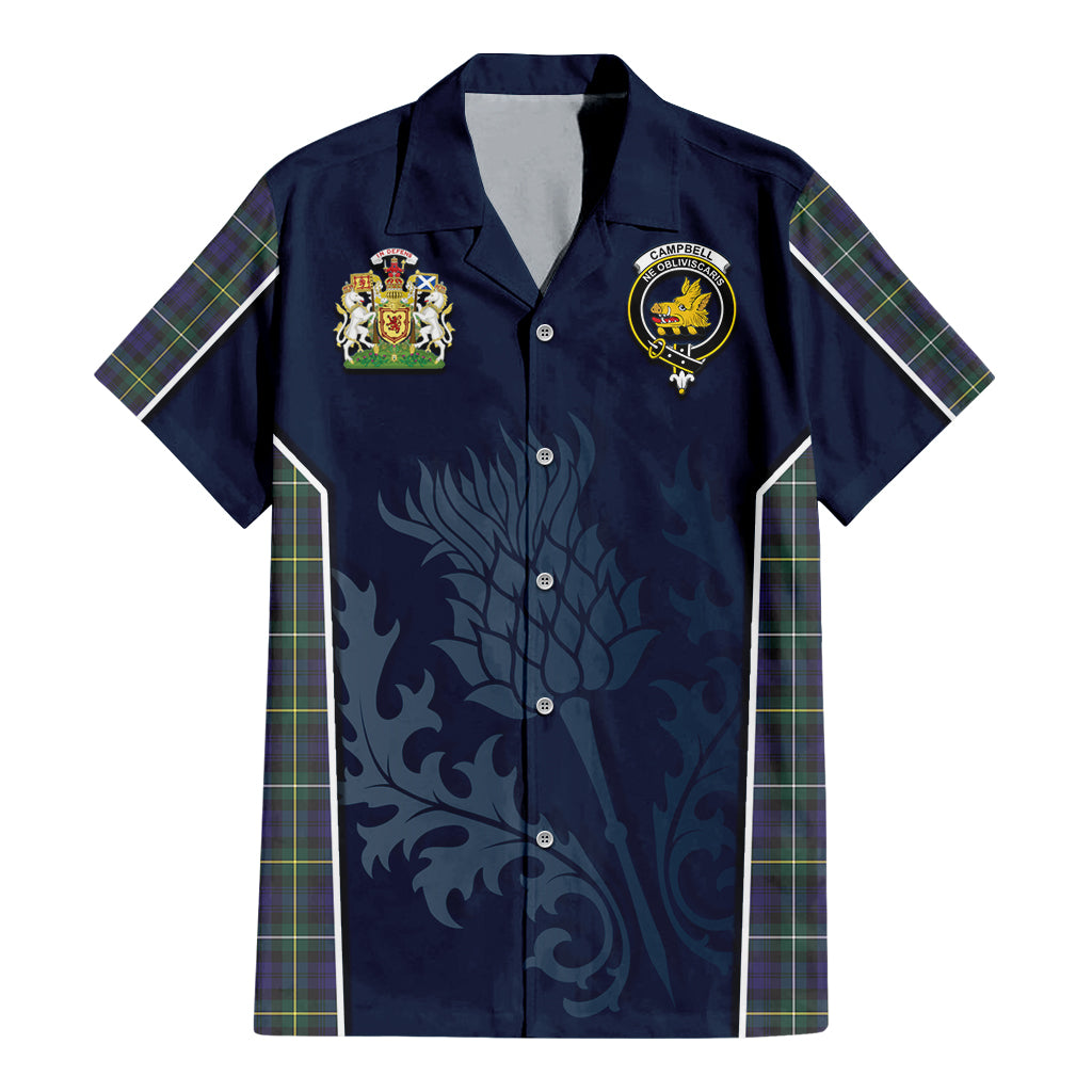 Tartan Vibes Clothing Campbell Argyll Modern Tartan Short Sleeve Button Up Shirt with Family Crest and Scottish Thistle Vibes Sport Style