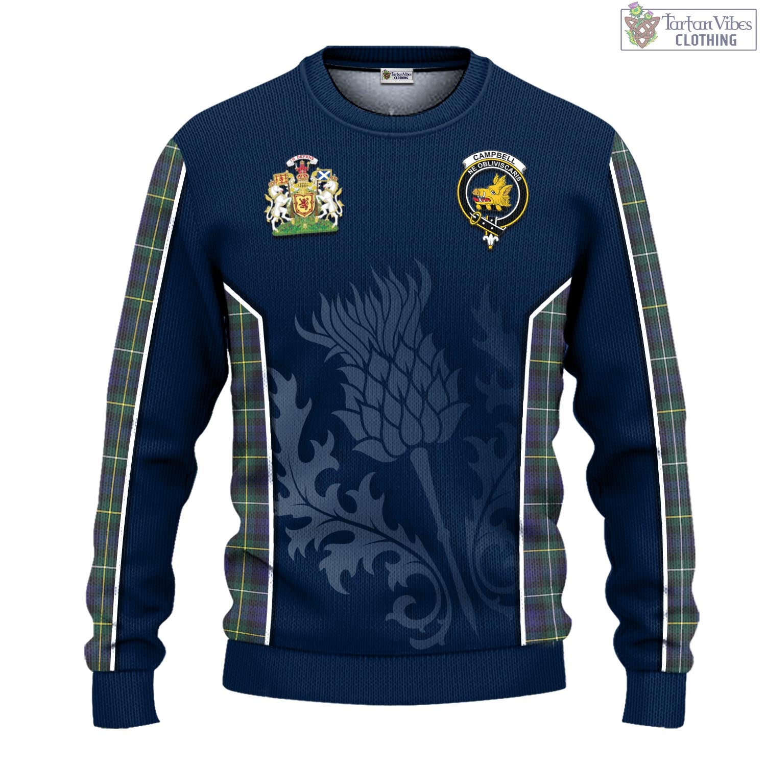 Tartan Vibes Clothing Campbell Argyll Modern Tartan Knitted Sweatshirt with Family Crest and Scottish Thistle Vibes Sport Style