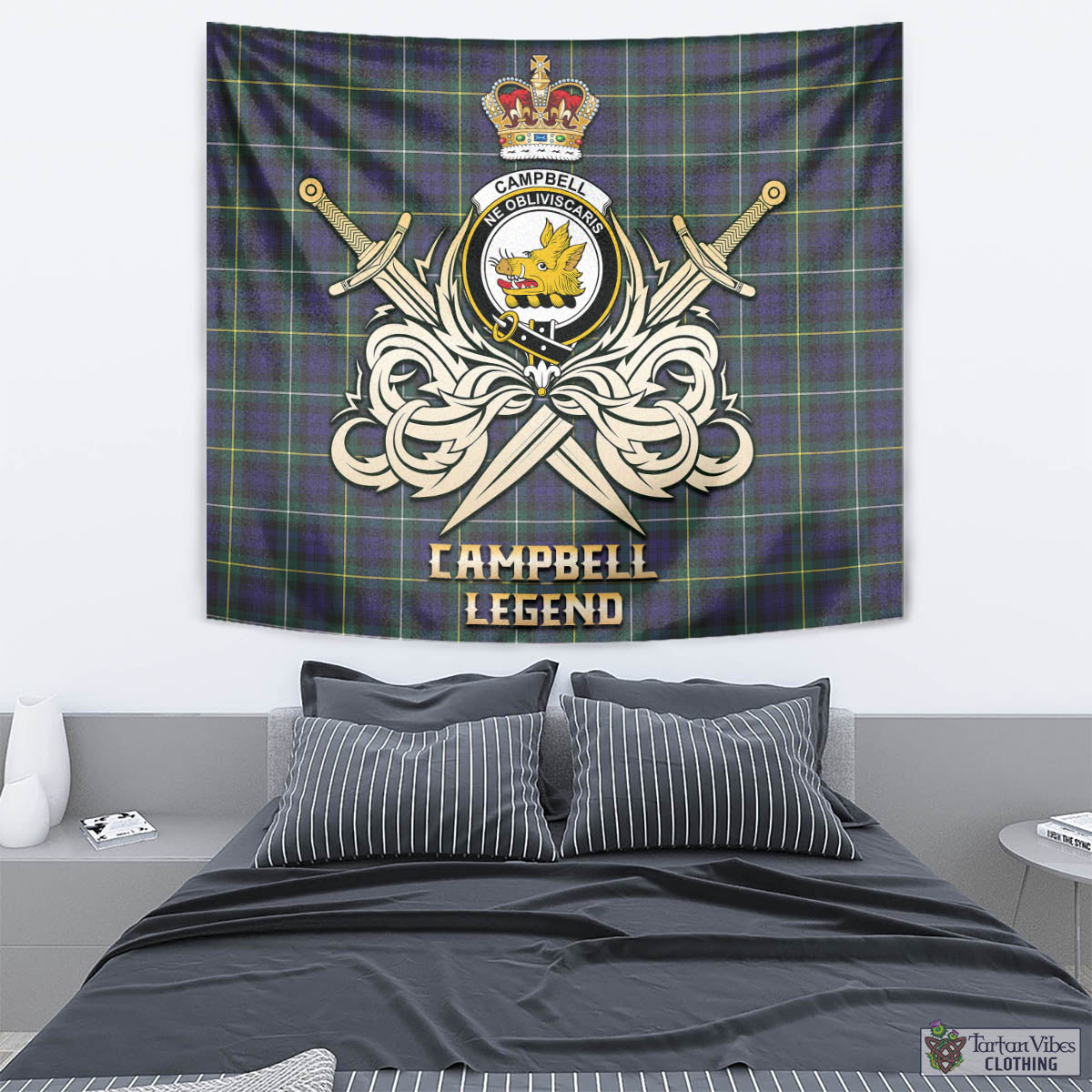 Tartan Vibes Clothing Campbell Argyll Modern Tartan Tapestry with Clan Crest and the Golden Sword of Courageous Legacy