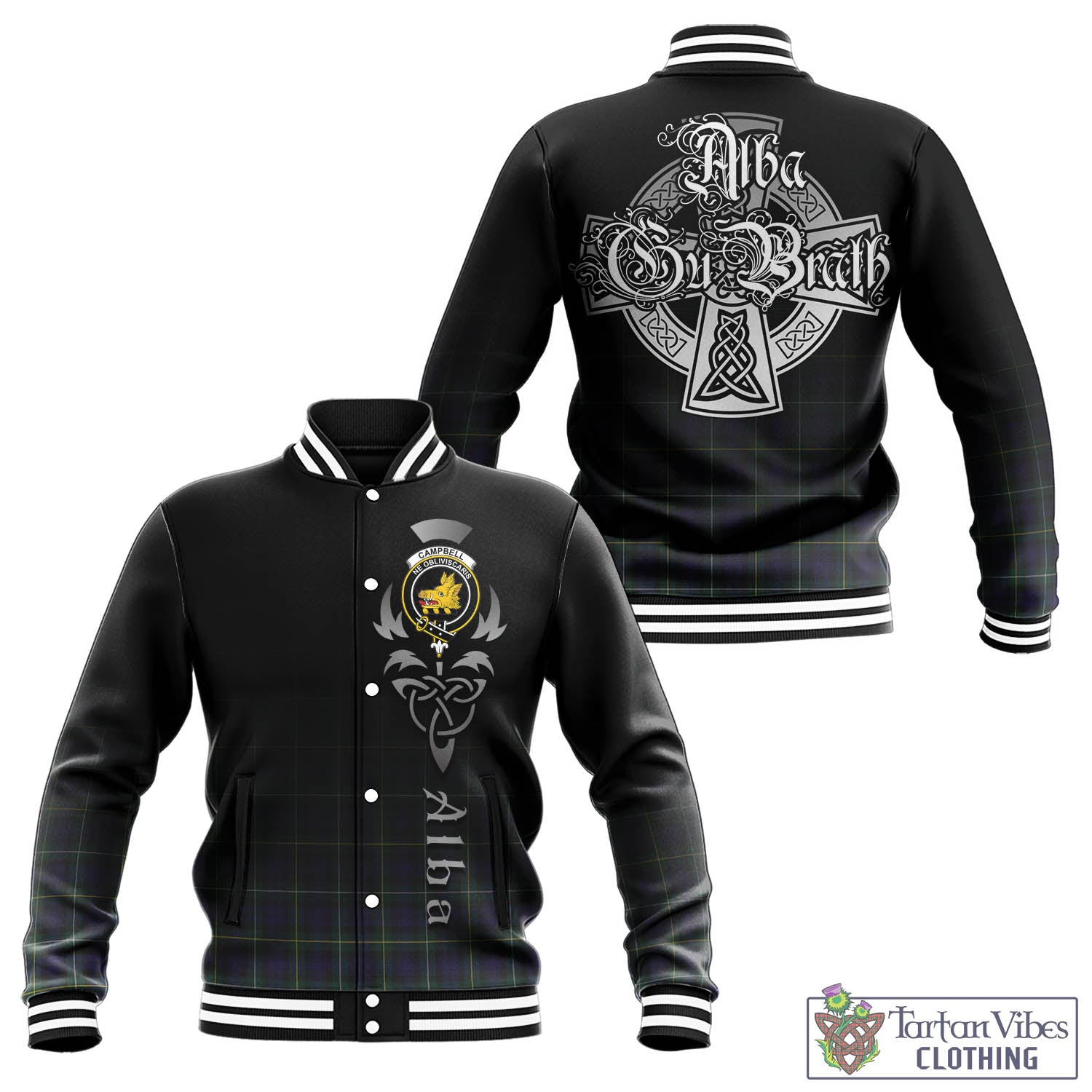 Tartan Vibes Clothing Campbell Argyll Modern Tartan Baseball Jacket Featuring Alba Gu Brath Family Crest Celtic Inspired