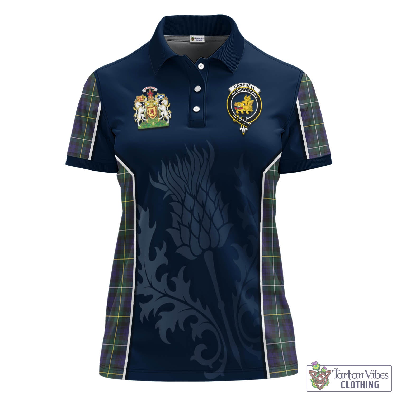 Tartan Vibes Clothing Campbell Argyll Modern Tartan Women's Polo Shirt with Family Crest and Scottish Thistle Vibes Sport Style