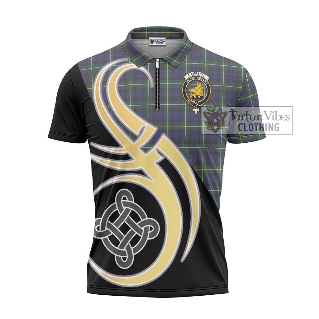 Tartan Vibes Clothing Campbell Argyll Modern Tartan Zipper Polo Shirt with Family Crest and Celtic Symbol Style