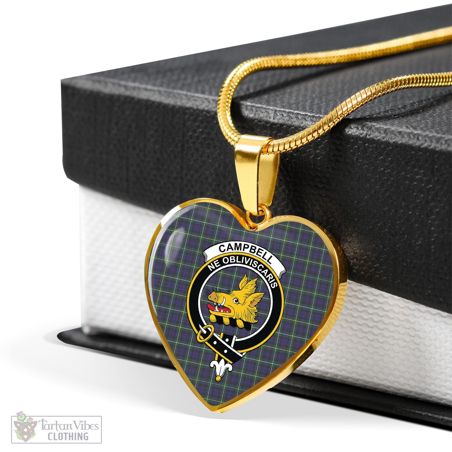 Tartan Vibes Clothing Campbell Argyll Modern Tartan Heart Necklace with Family Crest