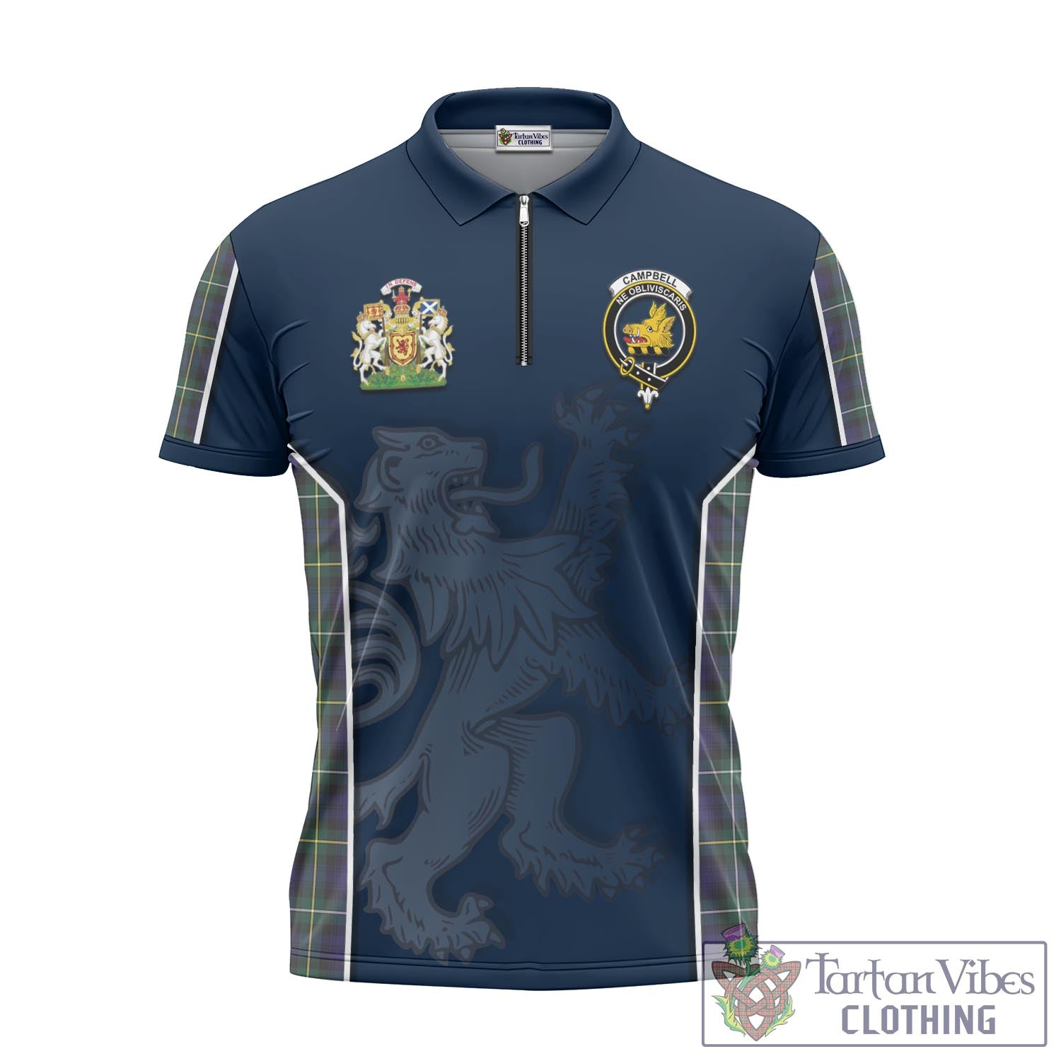 Tartan Vibes Clothing Campbell Argyll Modern Tartan Zipper Polo Shirt with Family Crest and Lion Rampant Vibes Sport Style