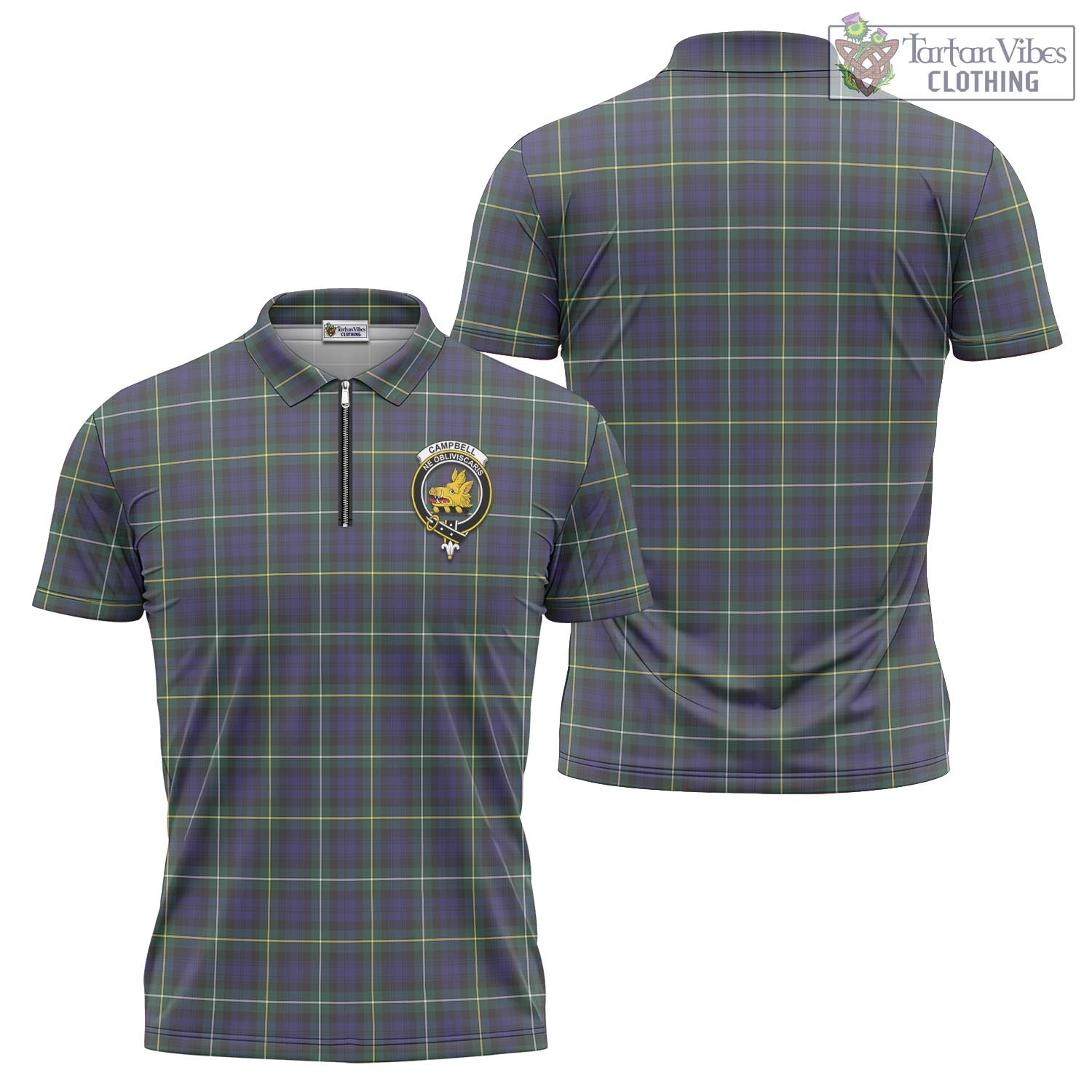 Tartan Vibes Clothing Campbell Argyll Modern Tartan Zipper Polo Shirt with Family Crest