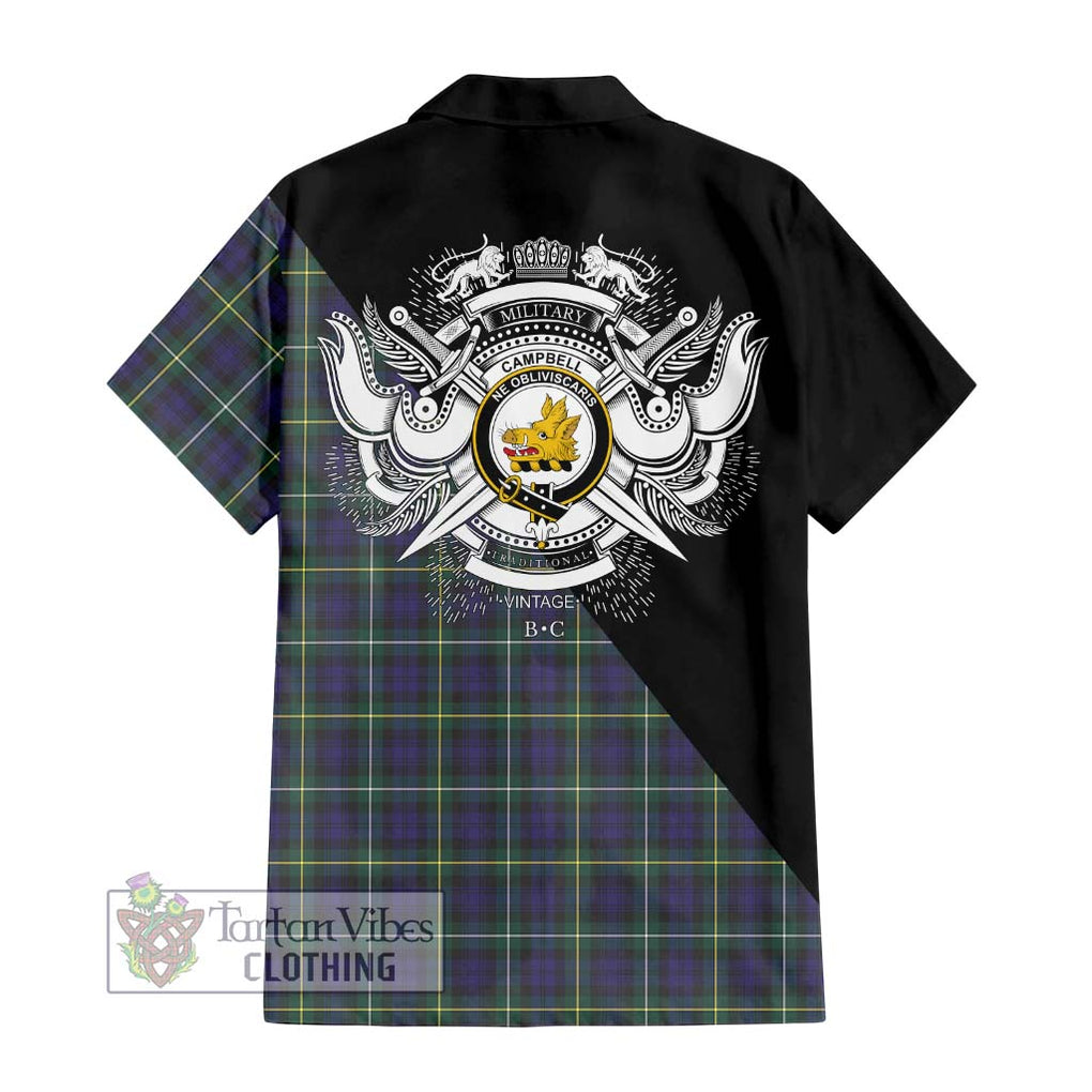 Campbell Argyll Modern Tartan Short Sleeve Button Shirt with Family Crest and Military Logo Style - Tartanvibesclothing Shop