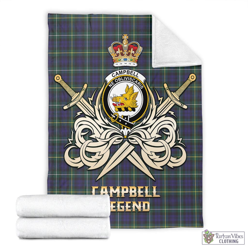 Tartan Vibes Clothing Campbell Argyll Modern Tartan Blanket with Clan Crest and the Golden Sword of Courageous Legacy