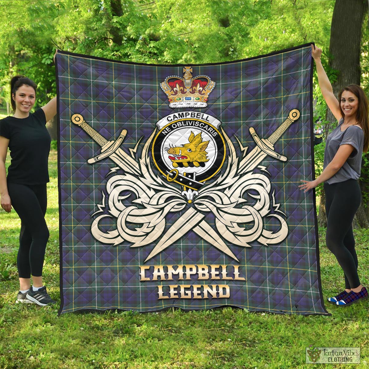 Tartan Vibes Clothing Campbell Argyll Modern Tartan Quilt with Clan Crest and the Golden Sword of Courageous Legacy