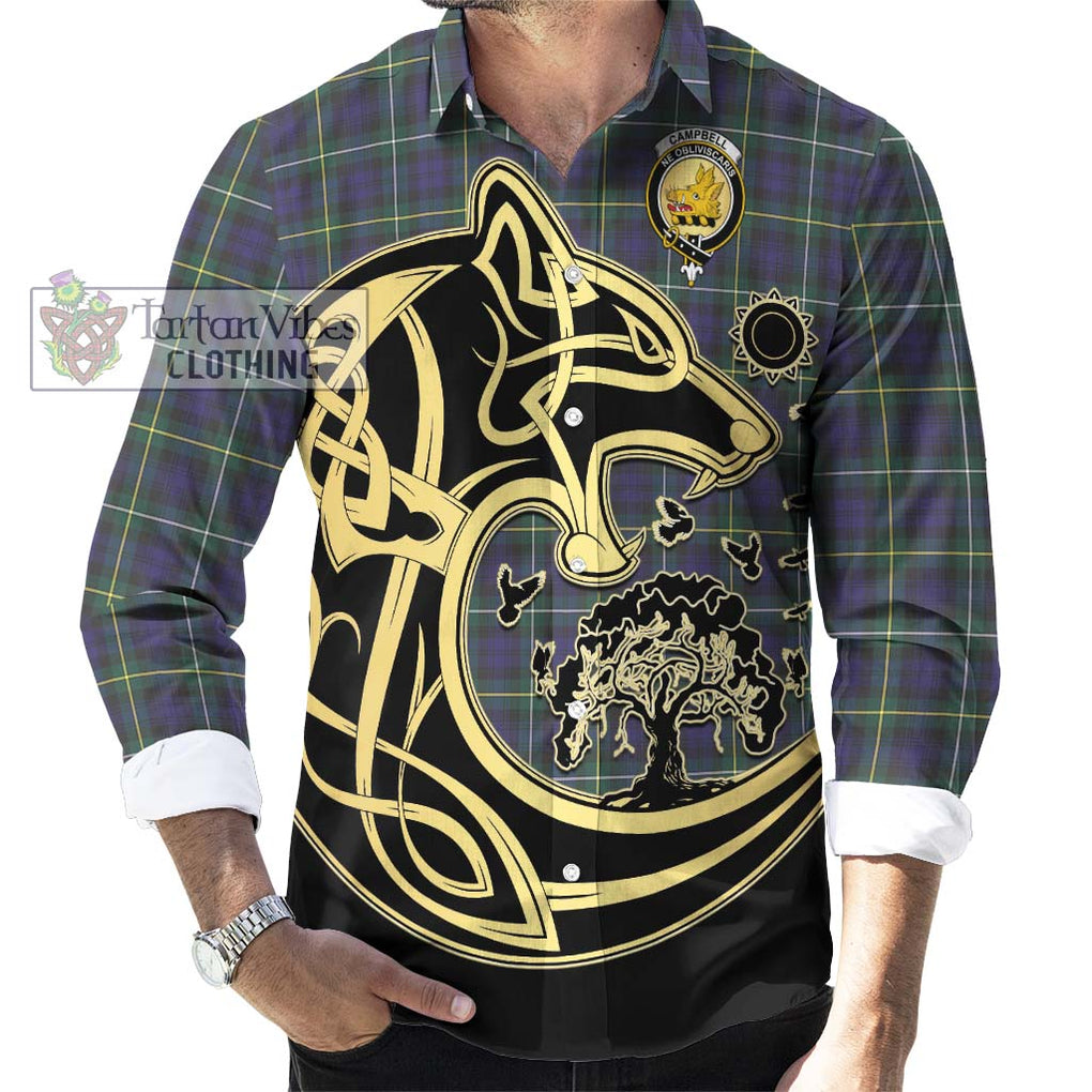 Campbell Argyll Modern Tartan Long Sleeve Button Shirt with Family Crest Celtic Wolf Style - Tartan Vibes Clothing