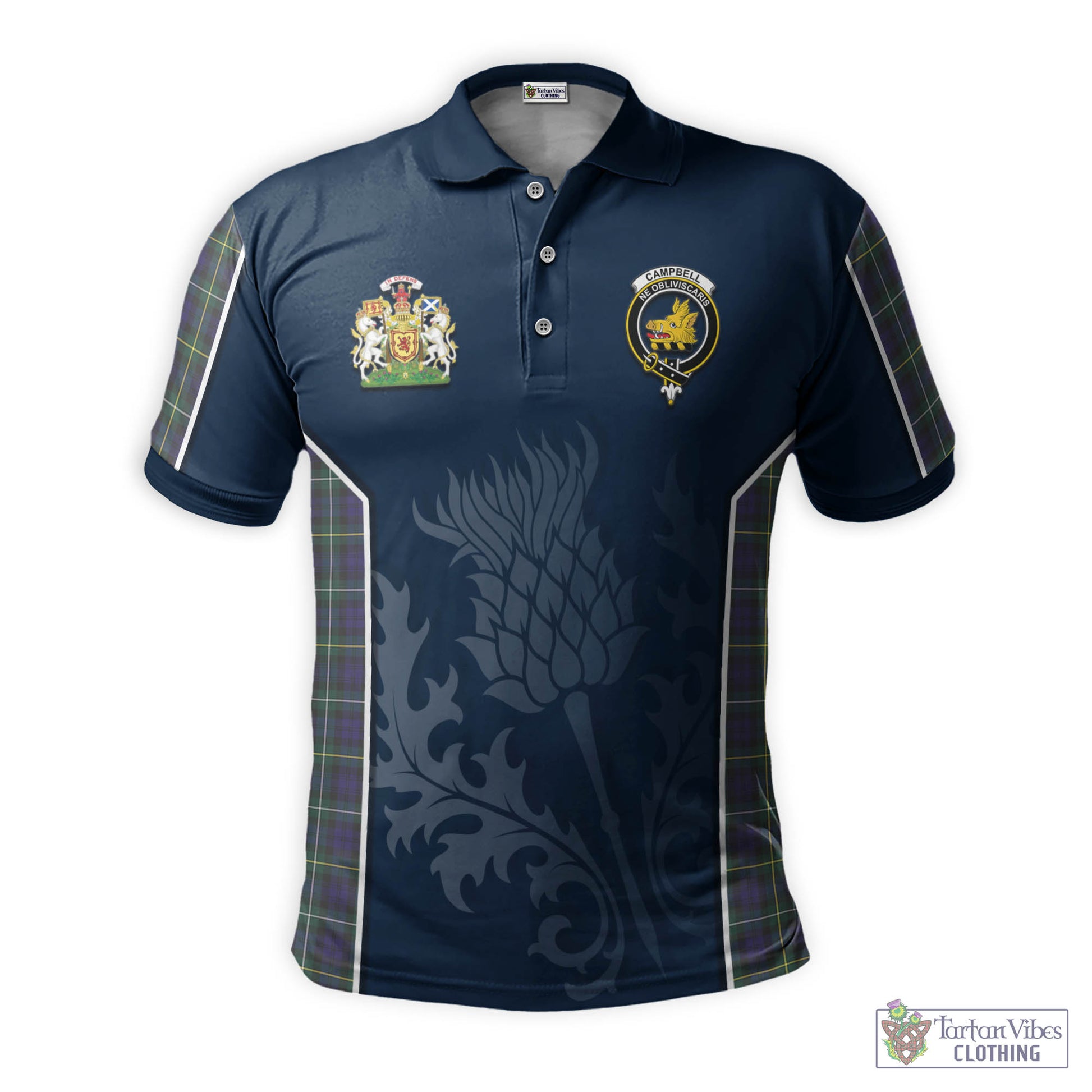 Tartan Vibes Clothing Campbell Argyll Modern Tartan Men's Polo Shirt with Family Crest and Scottish Thistle Vibes Sport Style