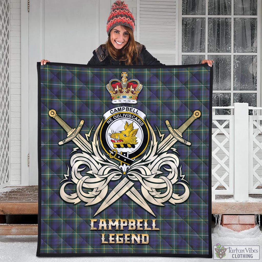 Tartan Vibes Clothing Campbell Argyll Modern Tartan Quilt with Clan Crest and the Golden Sword of Courageous Legacy