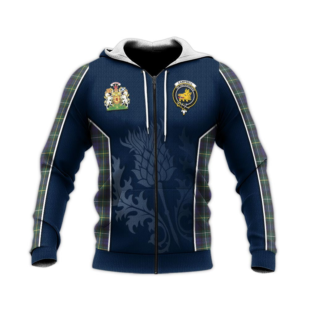 Tartan Vibes Clothing Campbell Argyll Modern Tartan Knitted Hoodie with Family Crest and Scottish Thistle Vibes Sport Style