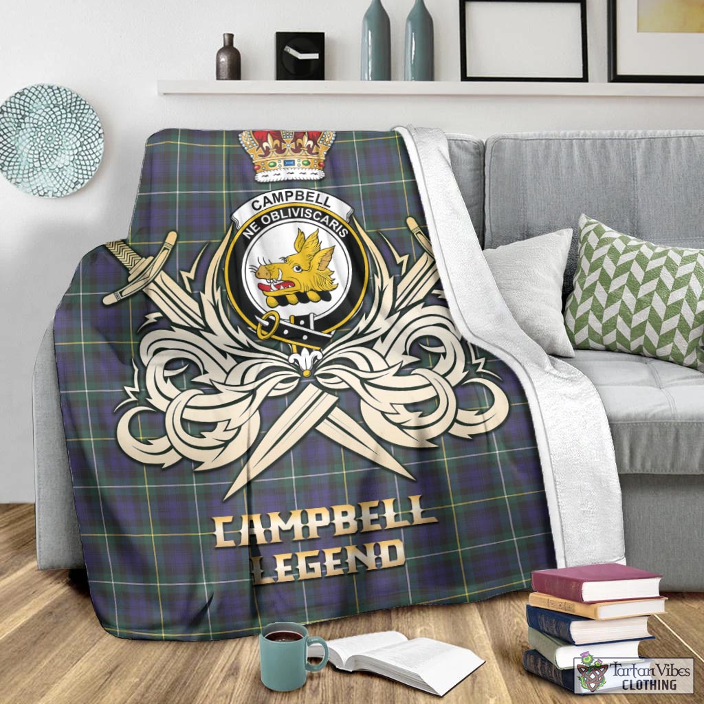 Tartan Vibes Clothing Campbell Argyll Modern Tartan Blanket with Clan Crest and the Golden Sword of Courageous Legacy