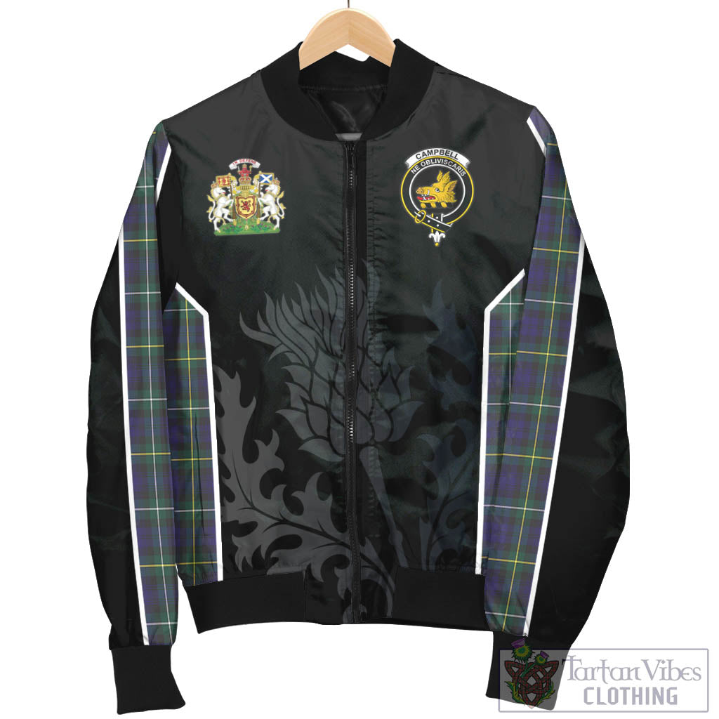 Tartan Vibes Clothing Campbell Argyll Modern Tartan Bomber Jacket with Family Crest and Scottish Thistle Vibes Sport Style