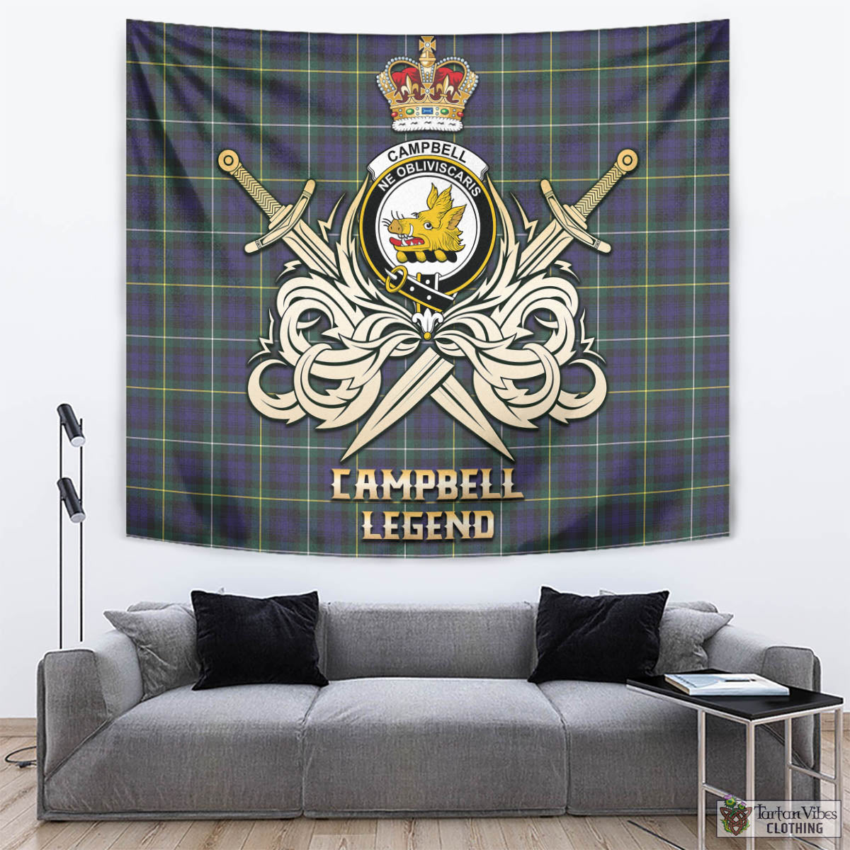 Tartan Vibes Clothing Campbell Argyll Modern Tartan Tapestry with Clan Crest and the Golden Sword of Courageous Legacy