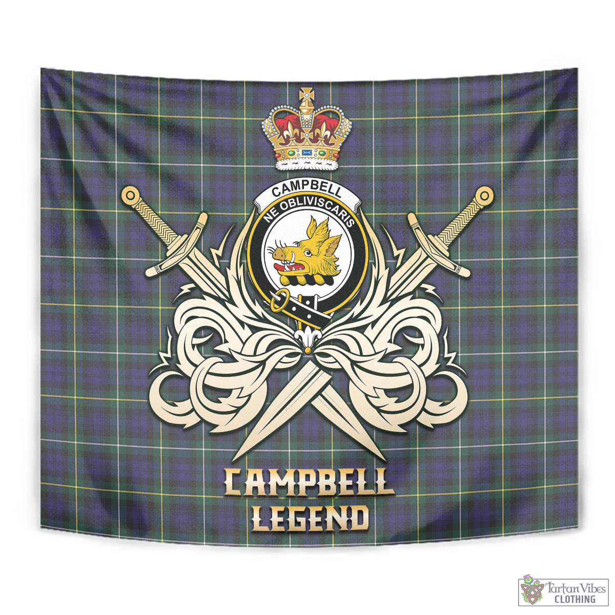 Tartan Vibes Clothing Campbell Argyll Modern Tartan Tapestry with Clan Crest and the Golden Sword of Courageous Legacy