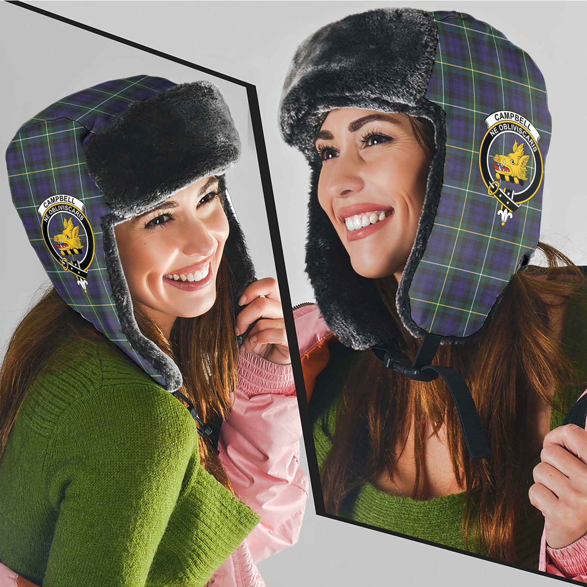 Campbell Argyll Modern Tartan Winter Trapper Hat with Family Crest - Tartanvibesclothing