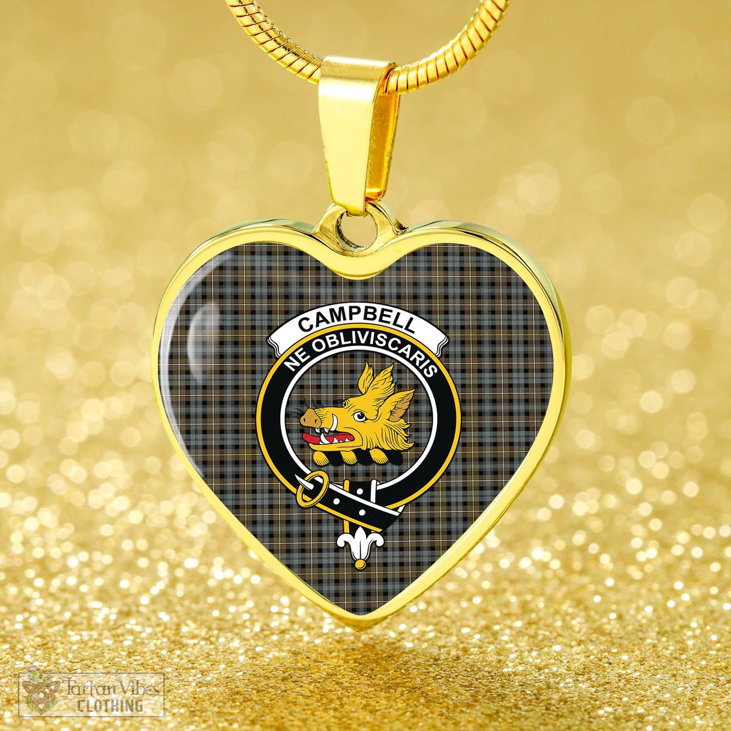 Tartan Vibes Clothing Campbell Argyll Weathered Tartan Heart Necklace with Family Crest