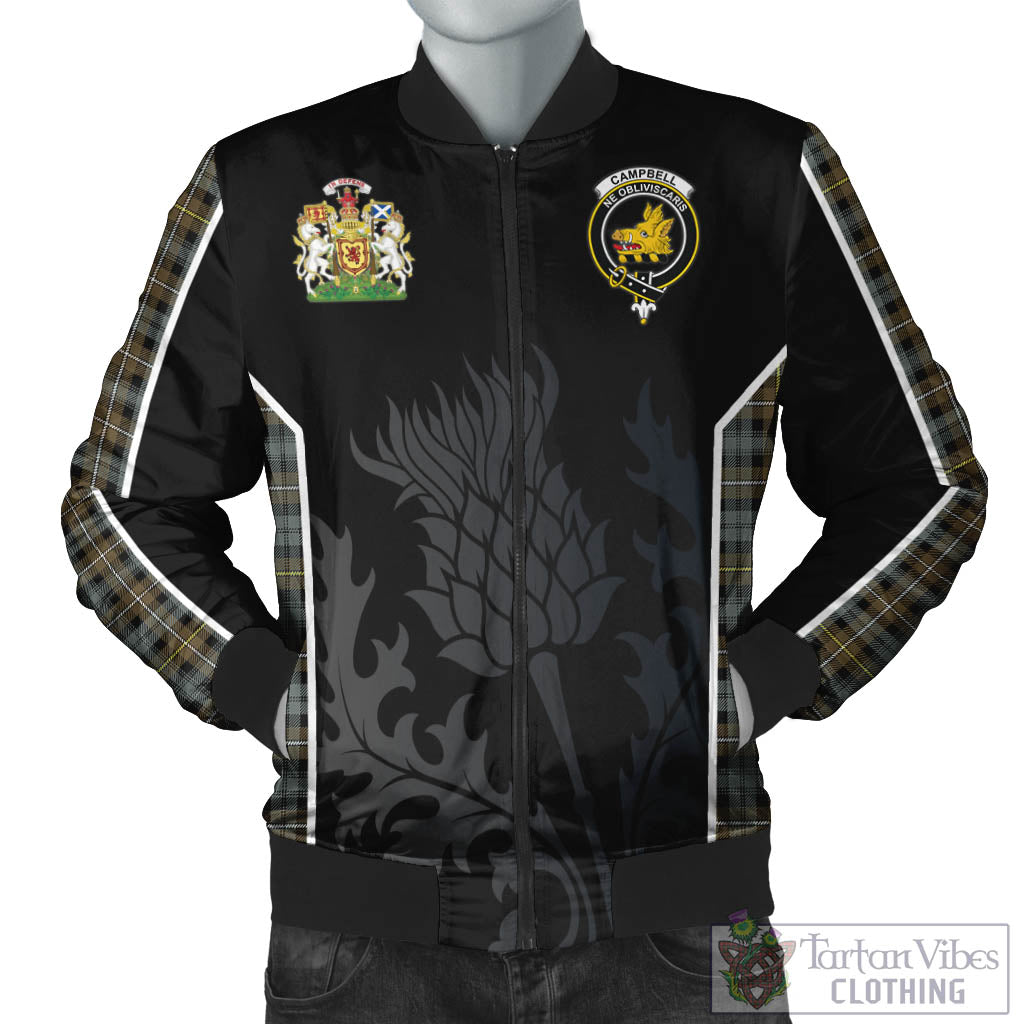 Tartan Vibes Clothing Campbell Argyll Weathered Tartan Bomber Jacket with Family Crest and Scottish Thistle Vibes Sport Style