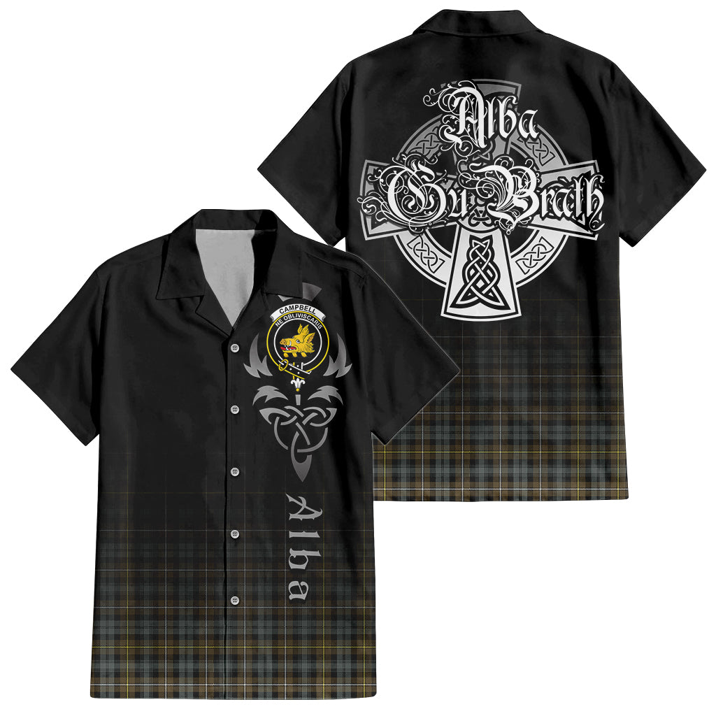 Tartan Vibes Clothing Campbell Argyll Weathered Tartan Short Sleeve Button Up Featuring Alba Gu Brath Family Crest Celtic Inspired