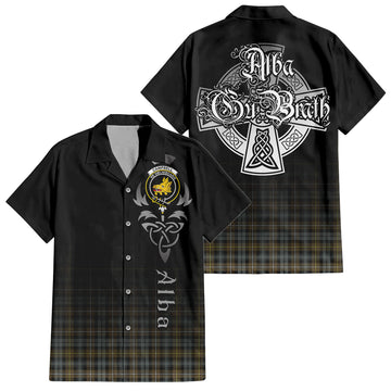 Campbell Argyll Weathered Tartan Short Sleeve Button Up Shirt Featuring Alba Gu Brath Family Crest Celtic Inspired