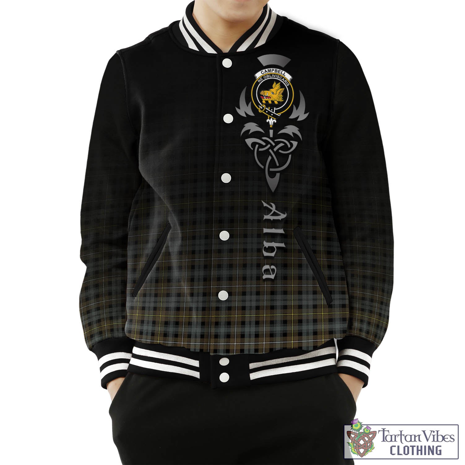 Tartan Vibes Clothing Campbell Argyll Weathered Tartan Baseball Jacket Featuring Alba Gu Brath Family Crest Celtic Inspired