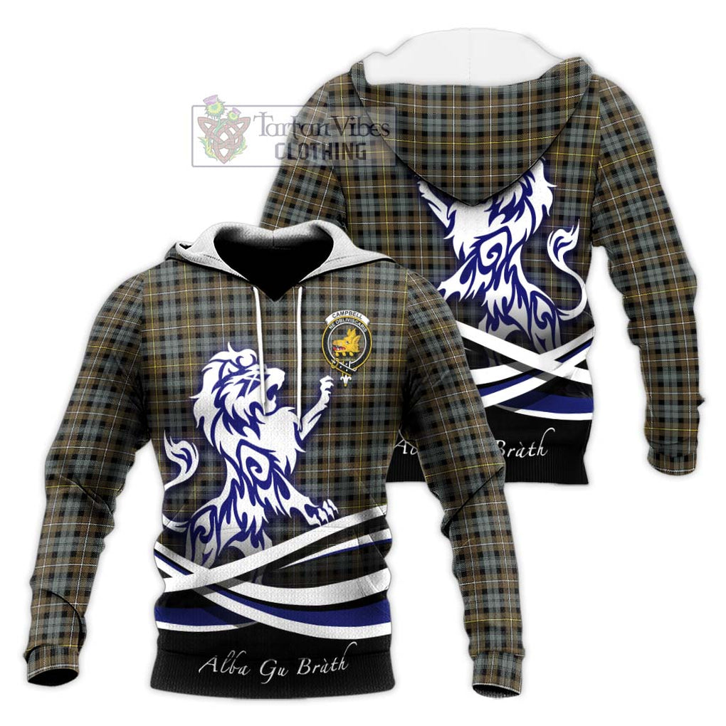 Campbell Argyll Weathered Tartan Knitted Hoodie with Alba Gu Brath Regal Lion Emblem Unisex Knitted Pullover Hoodie - Tartanvibesclothing Shop