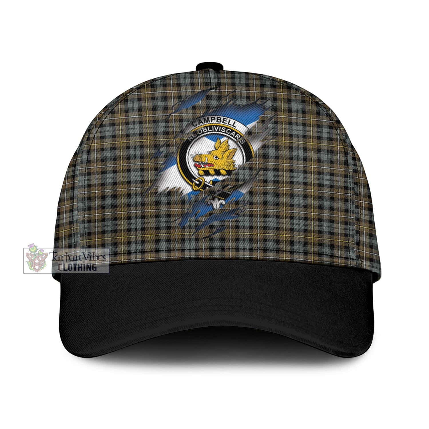 Tartan Vibes Clothing Campbell Argyll Weathered Tartan Classic Cap with Family Crest In Me Style